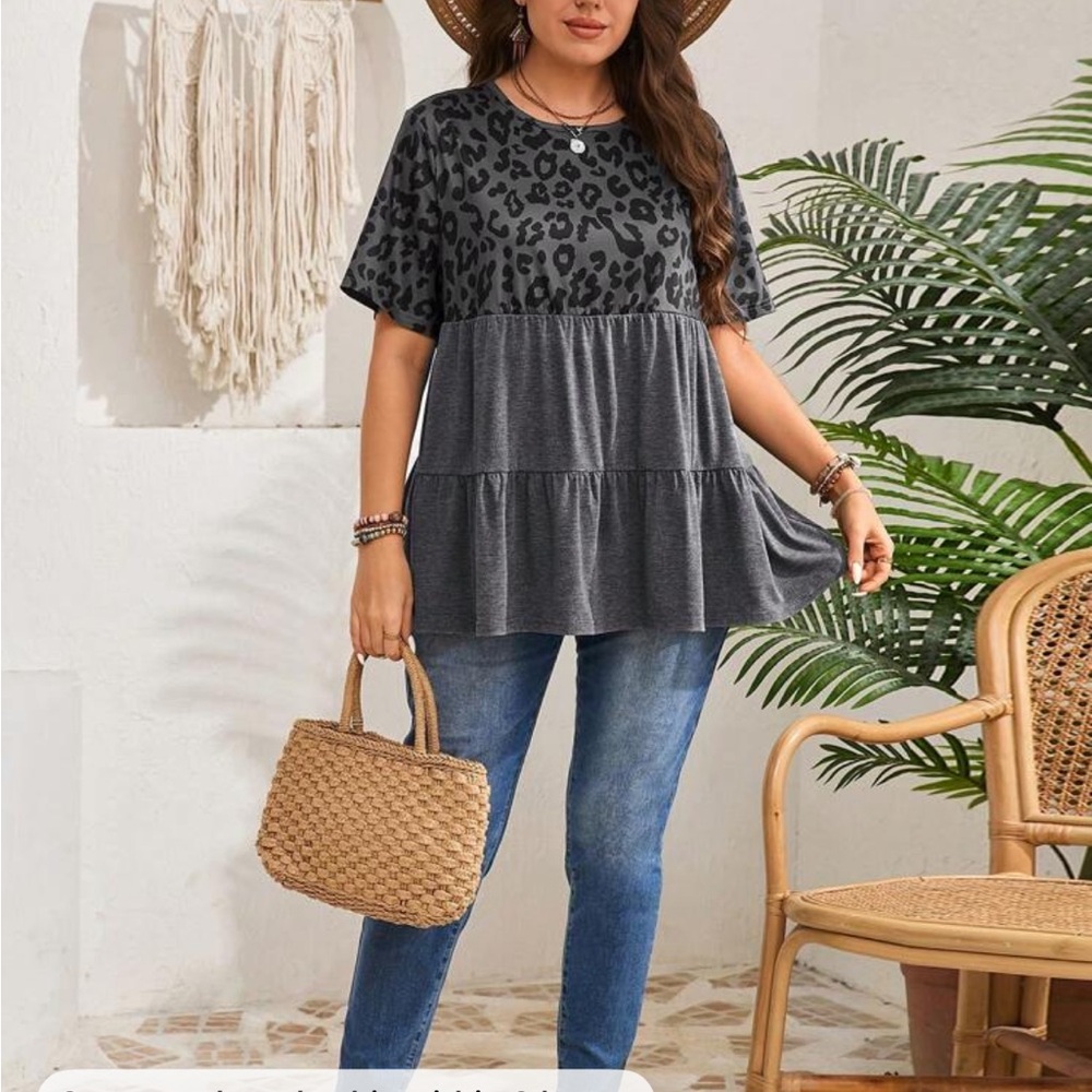 Plus Size Tiered Short Sleeve Colorblock Top Tunic Blouse Shirt - Picture 4 of 6